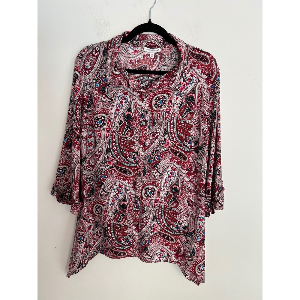 Notations Red Paisley Button Up Tunic Top 3/4 Sleeve Sharkbite Hem XL MSTB1021